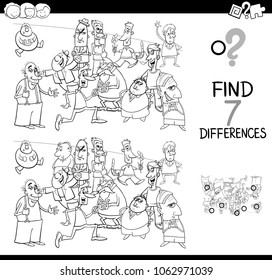 Black and White Cartoon Illustration of Finding Seven Differences Between Pictures Educational Activity Game for Children with People Characters Group Coloring Book