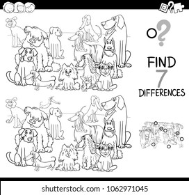 Black and White Cartoon Illustration of Finding Seven Differences Between Pictures Educational Activity Game for Children with Dogs Animal Characters Group Coloring Book