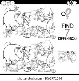 Black and White Cartoon Illustration of Finding Seven Differences Between Pictures Educational Activity Game for Children with Animal Characters Group Coloring Book