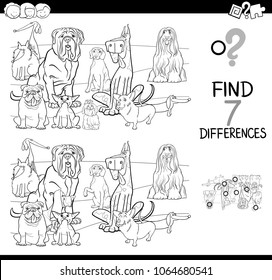 Black and White Cartoon Illustration of Finding Seven Differences Between Pictures Educational Activity Game for Children with Purebred Dogs Animals Characters Group Coloring Book
