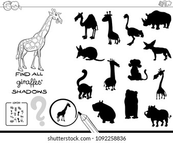 Black and White Cartoon Illustration of Finding All Giraffe Shadows Educational Activity for Children Coloring Book
