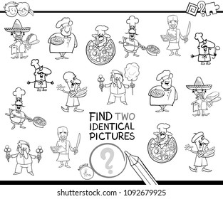 Black and White Cartoon Illustration of Finding Two Identical Pictures Educational Game for Children with Chef Characters and Food Coloring Book
