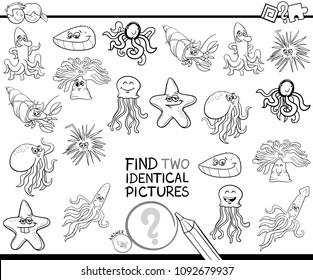 Black and White Cartoon Illustration of Finding Two Identical Pictures Educational Game for Children with Sea Life Animal Characters Coloring Book