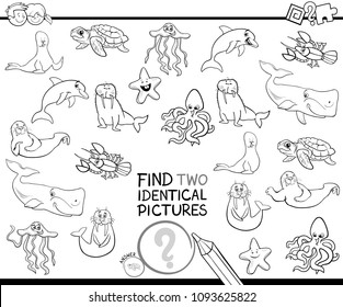 Black and White Cartoon Illustration of Finding Two Identical Pictures Educational Game for Children with Marine Life Animal Characters Coloring Book