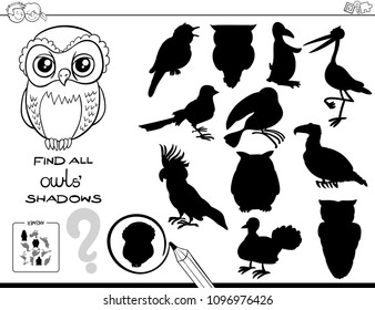 Black and White Cartoon Illustration of Finding All Owls Shadows Educational Activity for Children Coloring Book