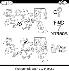 Black and White Cartoon Illustration of Finding Seven Differences Between Pictures Educational Game for Children with Soccer Players Animal Characters Coloring Book