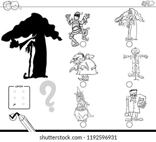 Black and White Cartoon Illustration of Finding the Right Shadow Educational Activity for Children with Scary Halloween Characters Coloring Book