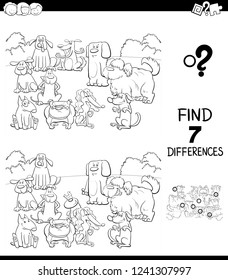 Black and White Cartoon Illustration of Finding Seven Differences Between Pictures Educational Game for Children with Dog Characters Group Coloring Book