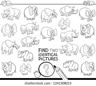 Black and White Cartoon Illustration of Finding Two Identical Pictures Educational Game for Kids with Elephants and Rhinoceros Characters Coloring Book