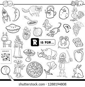 Black and White Cartoon Illustration of Finding Picture Starting with Letter R Educational Game Workbook for Children Coloring Book