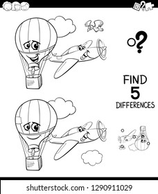 Black and White Cartoon Illustration of Finding Five Differences Between Pictures Educational Game for Children with Plane and Hot Air Balloon Coloring Book