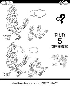 Black and White Cartoon Illustration of Finding Five Differences Between Pictures Educational Game for Children with Dont Put All your Eggs in One Basket Saying Coloring Book