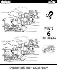 Black and White Cartoon Illustration of Finding Six Differences Between Pictures Educational Game for Children with Funny Locomotives Coloring Book