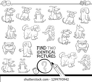 Black and White Cartoon Illustration of Finding Two Identical Pictures Educational Game for Kids with Funny Dog Characters Coloring Book