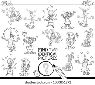 Black and White Cartoon Illustration of Finding Two Identical Pictures Educational Game for Childen with Funny Clown Characters Coloring Book