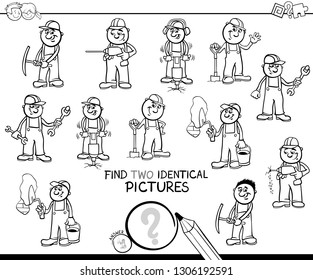 Black and White Cartoon Illustration of Finding Two Identical Pictures Educational Game for Kids with Funny Workers and Builders at Work Coloring Book