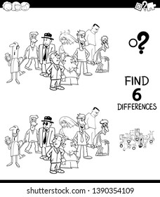 Black and White Cartoon Illustration of Finding Six Differences Between Pictures Educational Game for Kids with People Characters Group Coloring Book