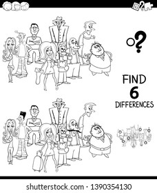 Black and White Cartoon Illustration of Finding Six Differences Between Pictures Educational Task for Children with People Characters Group Coloring Book