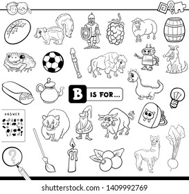 Black and White Cartoon Illustration of Finding Picture Starting with Letter B Educational Game Worksheet for Children Coloring Book