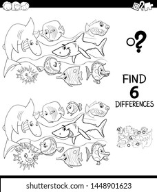 Black and White Cartoon Illustration of Finding Six Differences Between Pictures Educational Game for Children with Happy Fish in the Water Coloring Book