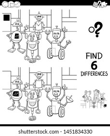Black and White Cartoon Illustration of Finding Six Differences Between Pictures Educational Game for Children with Robots Fantasy Characters Coloring Book
