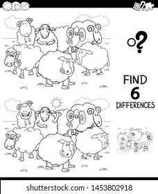 Black and White Cartoon Illustration of Finding Six Differences Between Pictures Educational Game for Children with Sheep Farm Animal Characters Coloring Book