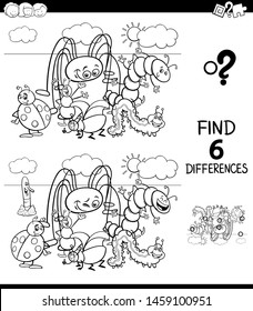 Black and White Cartoon Illustration of Finding Six Differences Between Pictures Educational Game for Children with Funny Insects Characters Coloring Book
