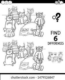 Black and White Cartoon Illustration of Finding Six Differences Between Pictures Educational Game for Children with Cats Animal Characters Coloring Book