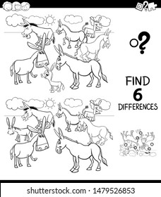 Black and White Cartoon Illustration of Finding Six Differences Between Pictures Educational Game for Children with Donkeys Animal Characters Coloring Book