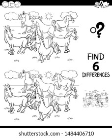 Black and White Cartoon Illustration of Finding Six Differences Between Pictures Educational Game for Children with Horses Animal Characters Coloring Book