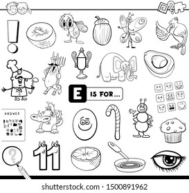 Black and White Cartoon Illustration of Finding Picture Starting with Letter E Educational Task Worksheet for Children Coloring Book