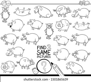 Black and White Cartoon Illustration of Finding Two Same Pictures Educational Activity Game for Kids with Funny Pigs Farm Animal Characters Coloring Book