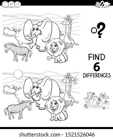 Black and White Cartoon Illustration of Finding Six Differences Between Pictures Educational Game for Children with Safari Wild Animal Comic Characters Coloring Book