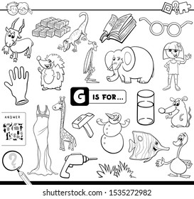 Black and White Cartoon Illustration of Finding Picture Starting with Letter G Educational Task Worksheet for Children Coloring Book