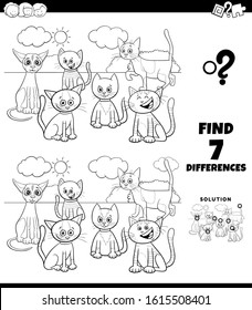 Black and White Cartoon Illustration of Finding Differences Between Pictures Educational Game for Children with Cats Characters Group Coloring Book Page