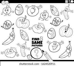 Black and White Cartoon Illustration of Finding Two Same Pictures Educational Activity Game for Children with Vegetables and Fruits and Food Characters Coloring Book Page