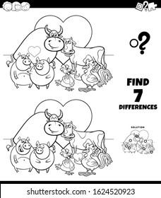 Black and White Cartoon Illustration of Finding Differences Between Pictures Educational Game for Children with Funny Farm Animal Characters in Love on Valentines Day Coloring Book Page