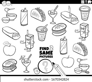 Black and White Cartoon Illustration of Finding Two Same Pictures Educational Task for Children with Food Objects Coloring Book Page