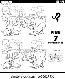 Black and White Cartoon Illustration of Finding Differences Between Pictures Educational Game for Children with Funny Dogs Group Coloring Book Page