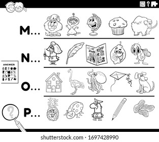 Black and White Cartoon Illustration of Finding Pictures Starting with Referred Letter Educational Task Worksheet for Preschool or Elementary School Kids With Funny Characters Coloring Book Page