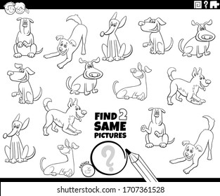 Black and White Cartoon Illustration of Finding Two Same Pictures Educational Task for Children with Dogs and Puppies Animal Characters Coloring Book Page