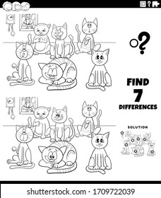 Black and White Cartoon Illustration of Finding Differences Between Pictures Educational Task for Children with Funny Cats Characters Group Coloring Book Page