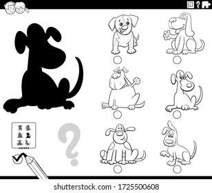 Black and White Cartoon Illustration of Finding the Right Picture to the Shadow Educational Game for Children with Cute Dogs Animal Characters Coloring Book Page