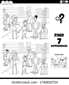 Black and White Cartoon Illustration of Finding Differences Between Pictures Educational Task for Kids with People Group Coloring Book Page