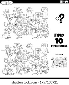 Black and White Cartoon Illustration of Finding Differences Between Pictures Educational Task for Kids with Comic Cats and Dogs Group Coloring Book Page