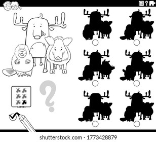 Black and White Cartoon Illustration of Finding the Shadow without Differences Educational Game for Children with Funny Animal Characters Coloring Book Page