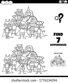 Schwarz-Weiß-Cartoon-Illustration zum Auffinden von Unterschieden zwischen bildendem Bildspiel für Kinder mit Comic Children Group auf der Kostümparty-Farbbuchseite