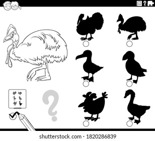 Black and White Cartoon Illustration of Finding the Right Shadow to the Picture Educational Game for Children with Flamingo Bird Animal Character Coloring Book Page