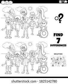 Black and White Cartoon Illustration of Finding Differences Between Pictures Educational Game for Children with Comic Kids nad Teens Group Coloring Book Page