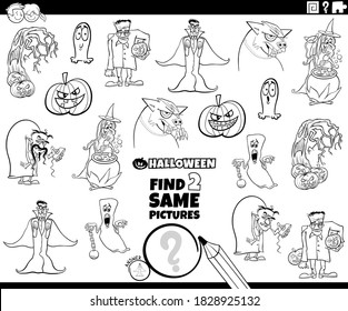 Black and White Cartoon Illustration of Finding Two Same Pictures Educational Game for Kids with Halloween Characters Coloring Book Page